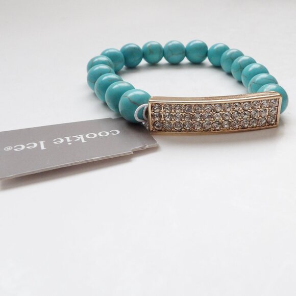 Cookie Lee NWT Turquoise Colored Bead Stretch Bracelet w/ Rhinestone Bar - Picture 2 of 10